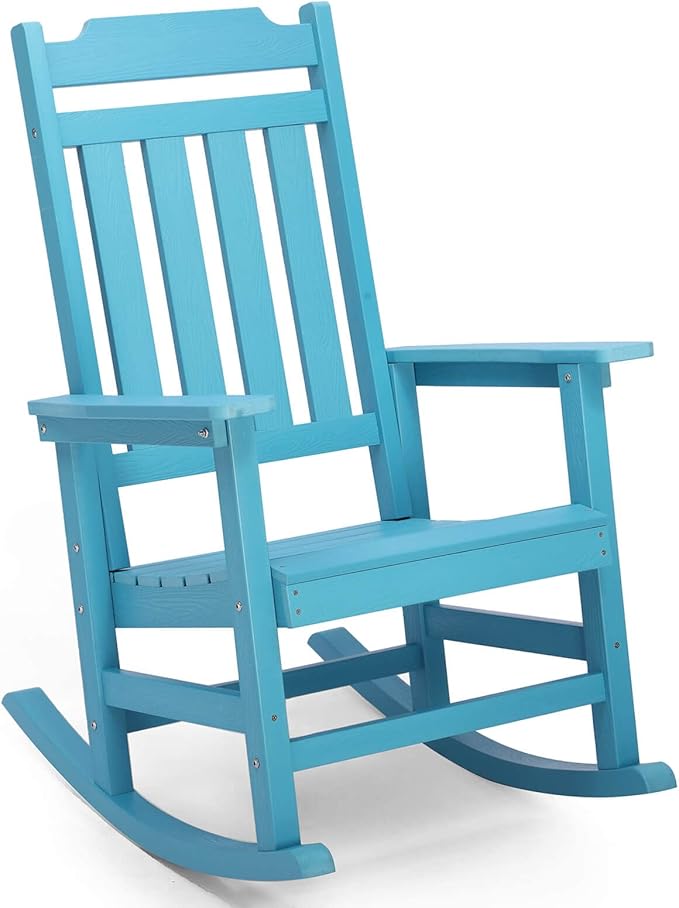 hOmeQomi Rocking Chair, All Weather Resistant Poly Lumber Outdoor Porch Rocker, Rocking Chairs for Outdoor, Indoor, Patio, Deck, Garden, Backyard, Load Bearing 380 lbs - Lake Blue