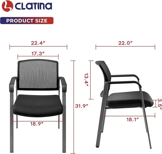 CLATINA Guest Reception Stacking No Wheels Desk Chair, Mesh Back Waiting Room Chairs with Arm Upholstered Fabric Seat and Ergonomic Lumbar Support for Office Conference School Church, Black (8 Pack)