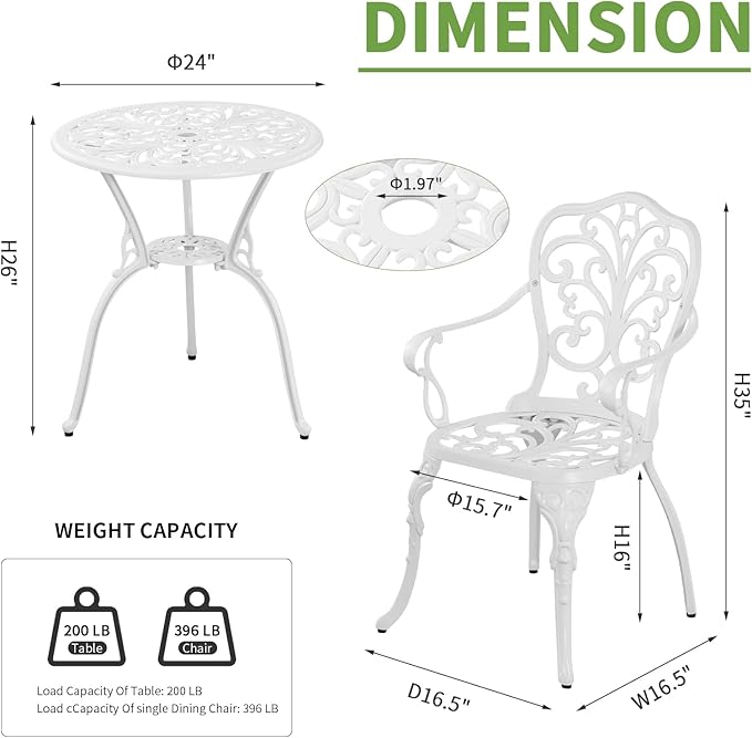 Withniture 3 Piece Outdoor Bistro Table Set, Cast Aluminum Patio Bistro Sets with Umbrella Hole, All Weather Bistro Table and Chairs Set of 2 for Garden Porch (Butterfly Arm, White)