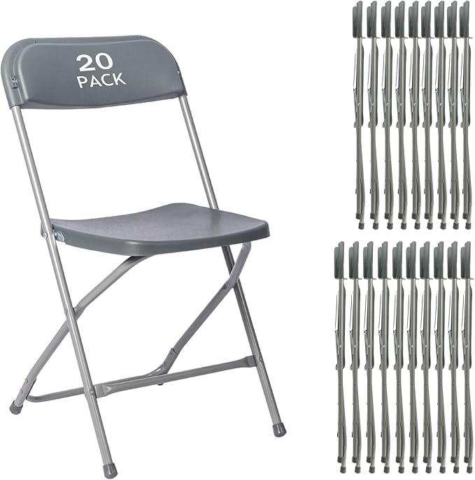 20 Pack Gary Plastic Folding Chair, Indoor Outdoor Portable Stackable Commercial Seat with Steel Frame 350lb. Capacity for Events Office Wedding Party Picnic Kitchen Dining