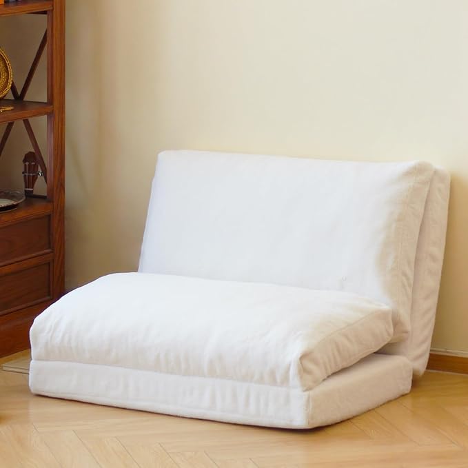 N&V Folding Matress Sofa Bean Bag Bed, Foam Filling Folding Matress Sofa, Includes Removable and Machine Washable Cover, Soft Premium Faux Fur (Small, White)