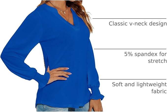 Romanstii Women's Casual V-Neck T-Shirts Loose Puff Long Sleeve Tops Tunic Blouses