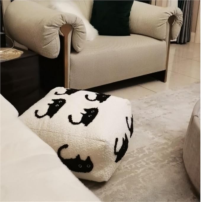 Cute Pouf Ottoman, Square Floor Cushion, Comfortable Meditation Pillow, Plush Cat Seat Cushion, Fashionable Footrest for Couch, Living Room and Bedroom