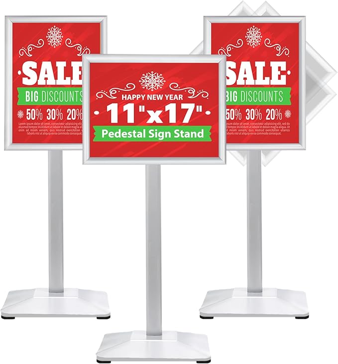 VAIIGO Sign Stand 11x17inch Pedestal Sign Holder Poster Stand 3Packs Adjustable Floor Standing Sign Holder with Heavy Duty Display Stand for Indoor Outdoor Business Store Sign Holders(Silver)