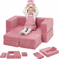 MeMoreCool Modular Kids Couch, Corduroy Play Toddler Couch for Bedroom Playroom Furniture, Convertible Foam Kids Sofa Bed, Fold Out Baby Sofa for Girl Boy, Pink