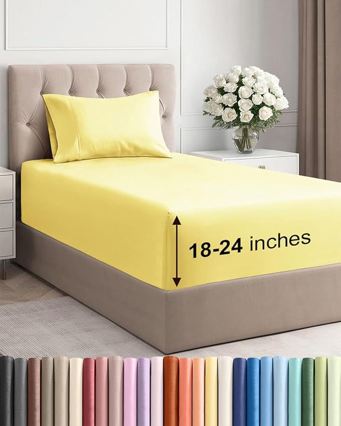 Extra Deep Pocket Twin Sheets - 3 Piece Breathable & Cooling Bed Sheets - Hotel Luxury Bed Sheet Set - Soft, Wrinkle Free & Comfy - Easily Fits Extra Deep Mattresses - Deep Pocket Yellow Sheets Set