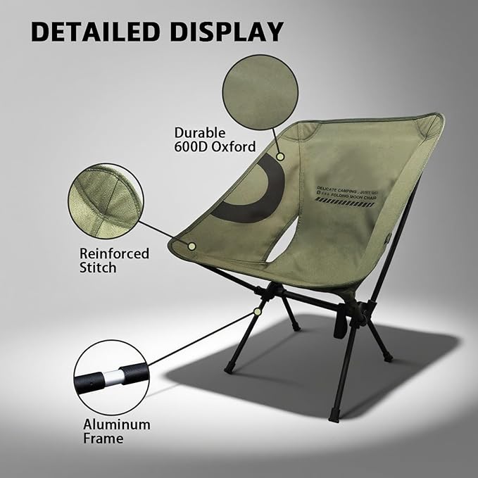 Lightweight Folding Camping Chair for Adults, Heavy Duty 270lbs Capacity Compact Backpacking Hiking Chair – Portable Durable Outdoor Chair with Ergonomic Support (Army Green)