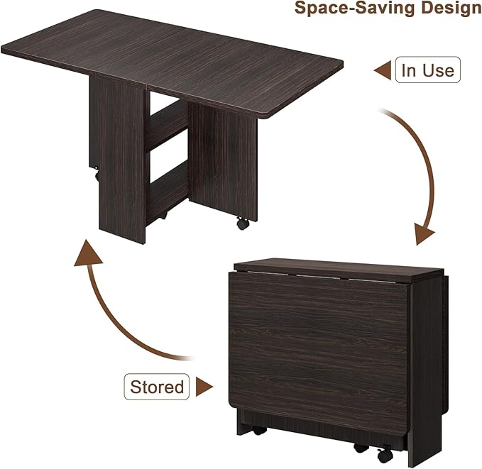 IDEALHOUSE Folding Dining Table, Drop Leaf Dining Table with 6 Wheels and 2-Layer Storage Shelf, Space Saving Kitchen Table for Small Spaces (Dark Walnut, 50.1" D x 31.4" W x 29.5" H)