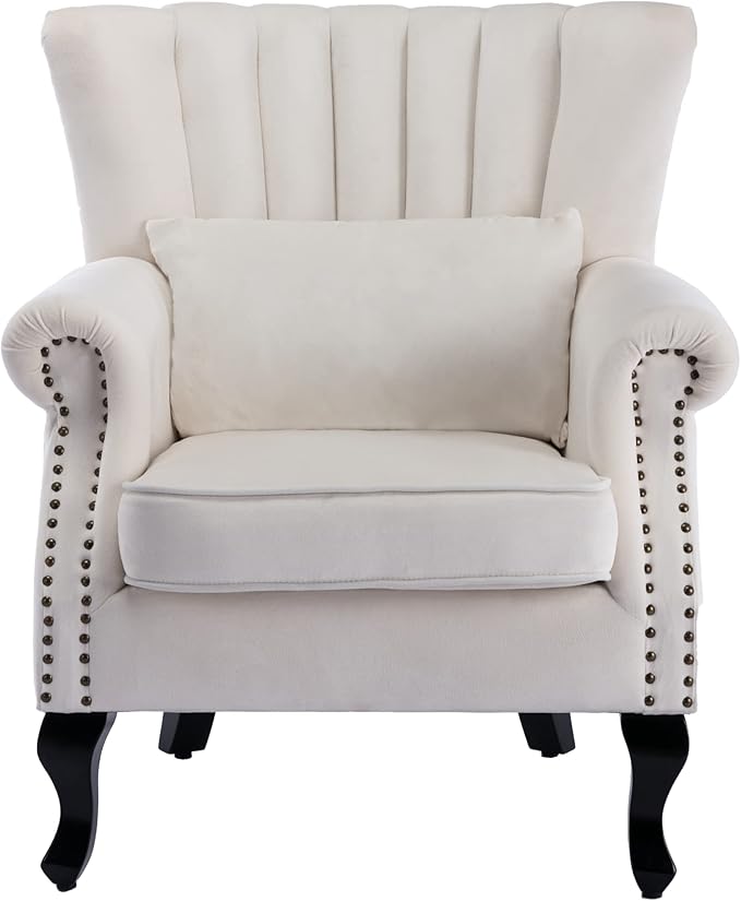chairus Mid-Century Modern Accent Chair Comfy Single Sofa Chair Channel Back Armchair with Small Pillow for Living Roon Bedroom Club - Velvet, Cream