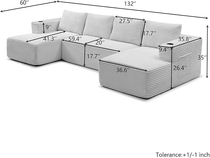 132 Inch Modular Sectional Sleeper Sofa, Boneless Cloud Couch for Living Room, U Shaped 5 Seat Sofa with 2 Cup Holders, Free Combination, No Assembly Required (Grey)