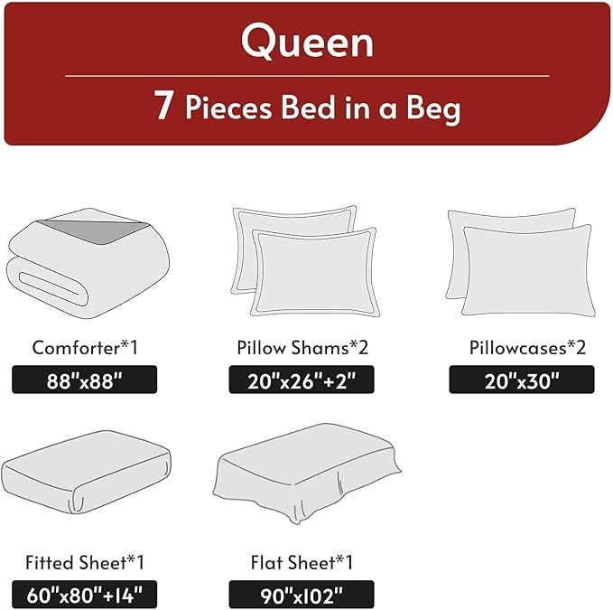 MUXHOMO 7 Pieces Queen Comforter Set, Reversible Bed in a Bag Queen Size, All Season Bedding Set with Comforter, Flat Sheet, Fitted Sheet, Pillowcases & Shams, Hot Pink & Baby Pink