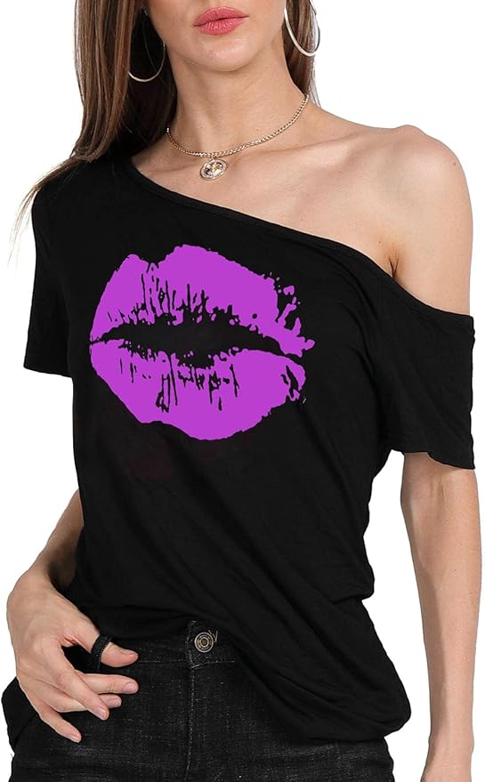 MAGICMK Women’s Short Lips Print Causal Off The Shoulder Plus Size T-Shirt Tops