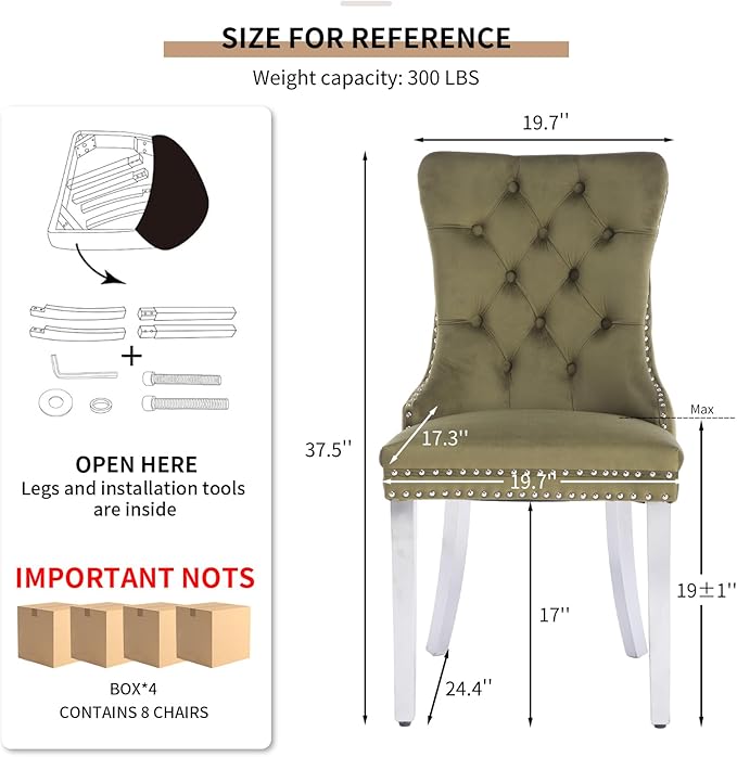YeahFurn Mid Century Modern Dining Chairs Set of 8, Olive Velvet Upholstered Tufted Back, Kitchen & Dining Room Chairs, Brushed Silver Metal Legs, Nailhead Trim, Sillas para Comedor (Olive, 8 Pcs)