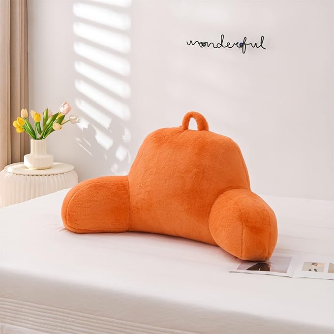 A Nice Night Faux Fur Reading Pillow Bed Wedge Large Adult Children Backrest with Arms Back Support for Sitting Up in Bed/Couch for Bedrest, Orange