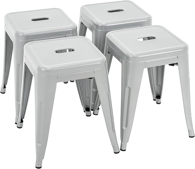 Brage Living 18 Inch Industrial Metal Stools Set of 4, Stackable Classroom Stools, Backless Metal Dining Chairs for Indoor Outdoor, Kitchen Short (Pearl Silver)