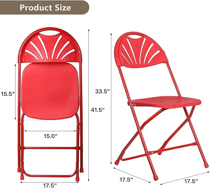 Folding Chairs 10 Pack, Heavy-Duty Plastic Foldable Chairs with Sturdy Metal Frame, 350 lbs Capacity, Fashion Stackable Portable for Weddings, Parties, Office, Indoor, Outdoor Events, Red
