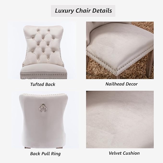 YeahFurn Beige Mid Century Modern Dining Chairs Set of 6, Velvet Upholstered Kitchen & Dining Room Chairs with Nailhead Trim & Solid Wood Legs, Elegant Sillas De Comedor (Beige, 6 Pcs)
