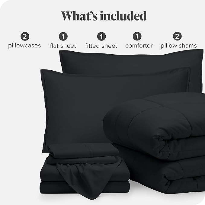 Bare Home Bed-in-A-Bag 7 Piece Comforter & Sheet Set - Full XL - Goose Down Alternative - Ultra-Soft 1800 Premium Bed Set (Full XL, Black/Black)