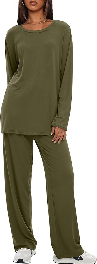 Darong Women's 2 Piece Lounge Set Casual Long Sleeve Crew Neck Tops Wide Leg Pants Travel Airport Outfit Matching Sets