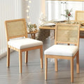 LukeAlon Set of 2 Mid Century Dining Chairs - Farmhouse Kitchen Chairs with Woven Rattan Back, Plush Chenille Upholstered Seats, Solid Wood Legs for Dining Room & Breakfast Nook, White