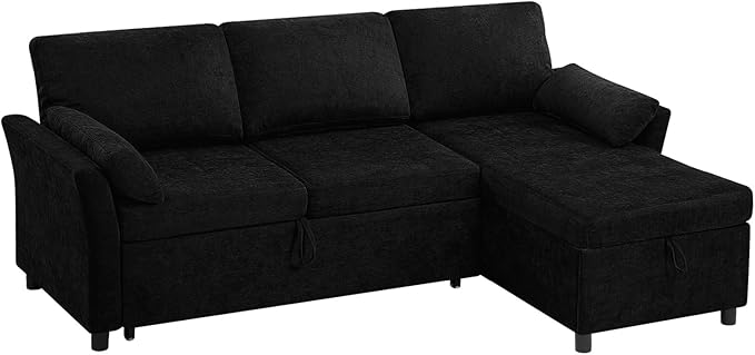 ACMEASE 83 Inches Fabric Sectional Sofa with Pull Out Sofa Bed, Modern L Shaped Sofa with Throw Pillows, Comfortable Sleeper Couch with Storage Chaise for Living Room, Black