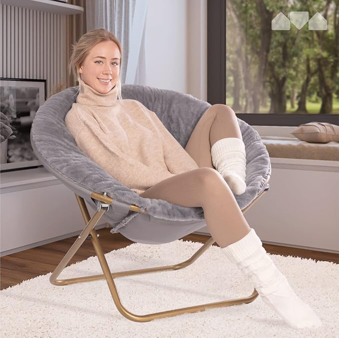 Milliard Saucer Chair For Adults, Teens & Kids, Grey, Faux Fur XL Circle Chair for Bedroom, Dorm & Gaming, Foldable Comfy Accent Seat for Small Spaces, Folding Moon / Mushroom / Round Oversized Style