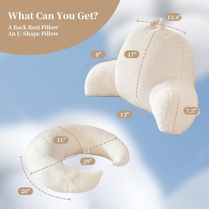 PAJEO Reading Pillow for Bed,U Shaped & Back Support Pillow for Bed,17" Backrest with Lumbar & Arm Support,Luxurious Faux Rabbit Fur,Gaming PillowFor Crochet/Reading/Watching TV,White