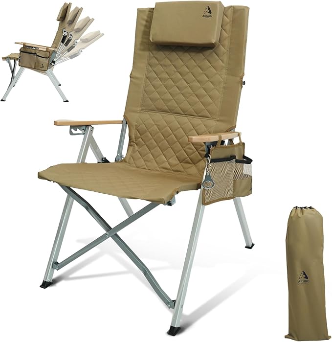 Aluminum Reclining Camping Chair, Heavy Duty Folding Lawn Chairs with 4-Stage Adjustable High Back for Adults, Compact Foldable Outdoor Patio Reclining Chair (Khaki, 1 Pack)