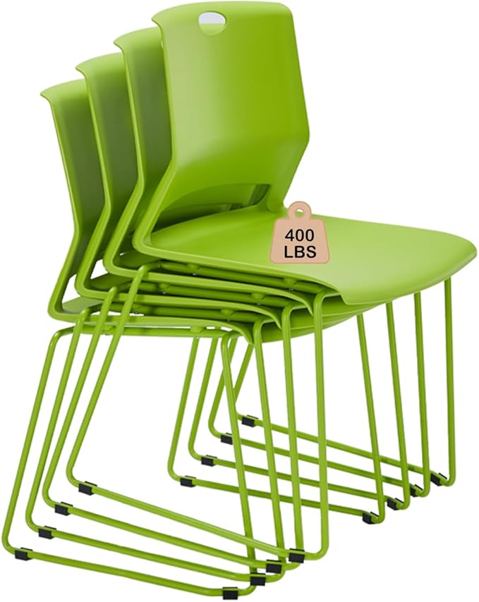 Green Stacking Chairs Set of 4, Modern Stackable Office Chairs with Wide Plastic Seat & Metal Sled Base for Waiting Room Break Room Conference Church Banquet Lobby