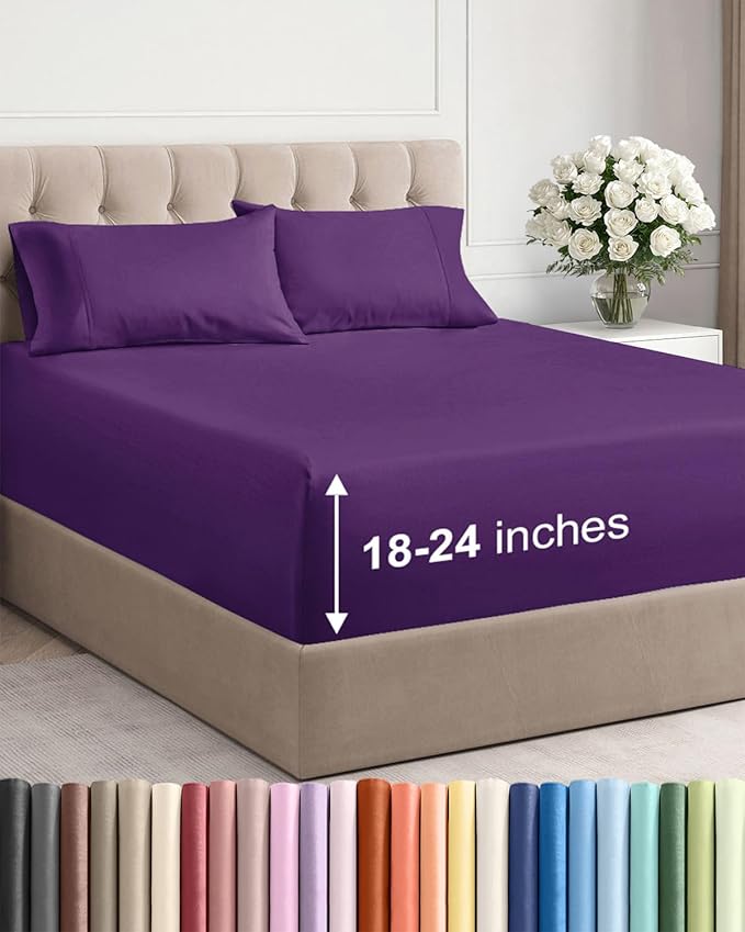 Extra Deep Pocket King Sheets - 4 Piece Breathable & Cooling Bed Sheets - Hotel Luxury Bed Sheet Set - Soft, Wrinkle Free & Comfy - Easily Fits Extra Deep Mattresses - Deep Pocket Purple Sheets Set