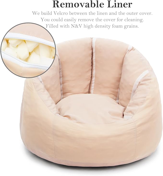 N&V Large Shell Bean Bag Chair, Adult Size Bean Bag Sack, Foam Filling, Includes Removable and Machine Washable Cover, 40in, Soft Faux Fur, White
