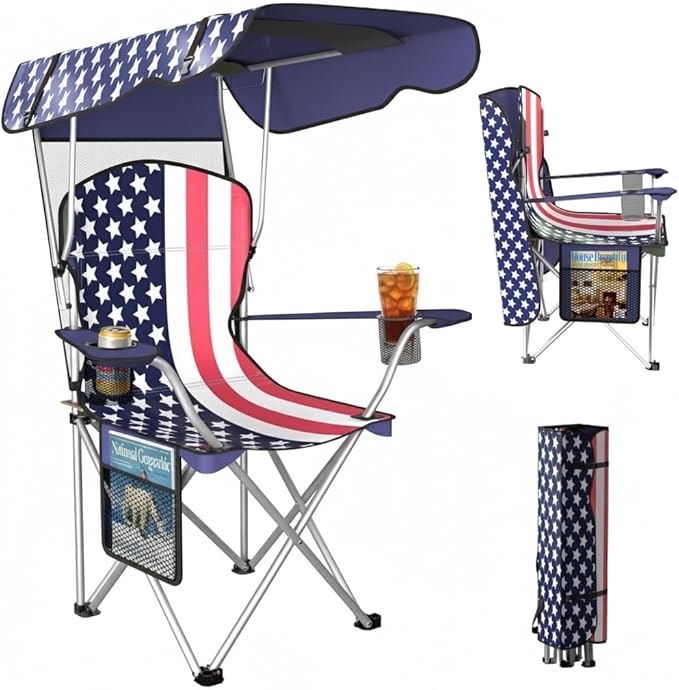 CozyBox Portable Folding Camping Chairs with Canopy Shade, Beach Chair for Adults, Durable Weather Resistant 600D Oxford Cloth, Camping Chair with Canopy for Outdoors [Flag]
