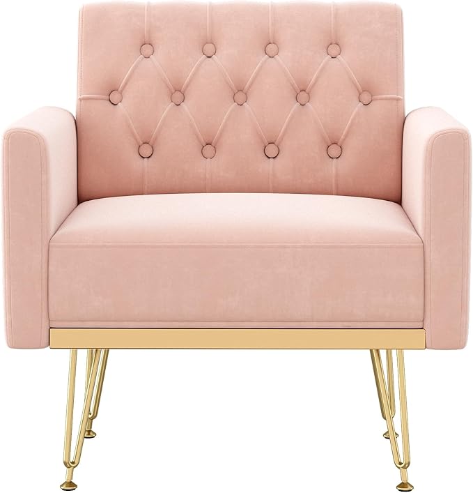 Accent Chair for Living Room, Comfy Oversized Velvet Upholstered Arm Chairs, Mid Century Modern Reading Single Sofa Side Chair with Tufted Back and Gold Legs for Bedroom (2, Pink)