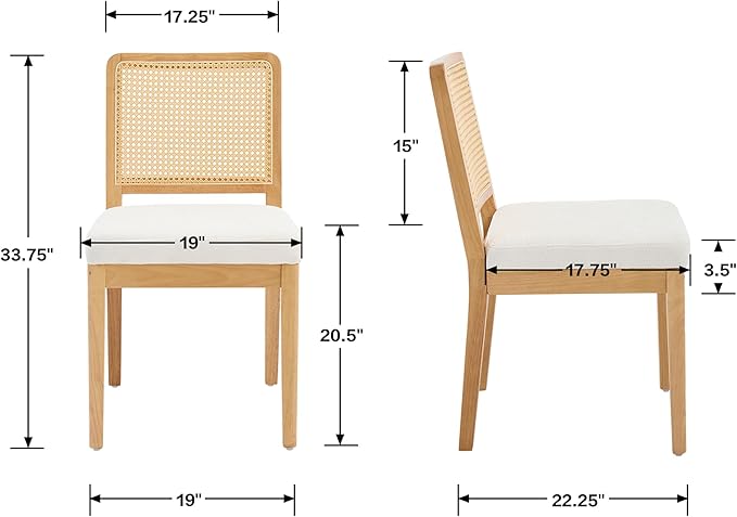 Farmhouse Rattan Dining Chairs Set of 4, Mid Century Modern Kitchen & Dining Room Chair, Rectangle Cane Upholstered Kitchen Chairs Side Chairs with Natural Wooden Legs, White Chenille