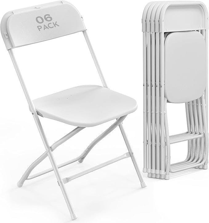 6 Pack White Plastic Folding Chair, Indoor Outdoor Portable Stackable Commercial Seat with Steel Frame 350lb. Capacity for Events Office Wedding Party Picnic Kitchen Dining