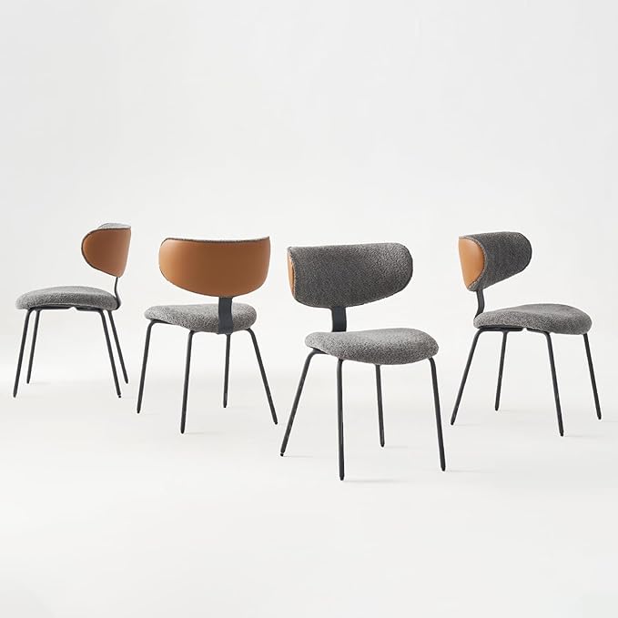 Modern Boucle Dining Chairs Set of 2,Faux Leather Kitchen & Dining Room Chairs,Curved Backrest Upholstered Dining Chairs with Metal Legs, Black
