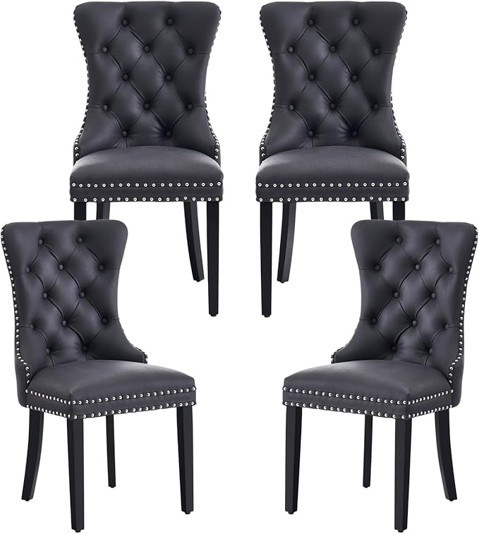 Kiztir Leather Dining Chairs Set of 4, Upholstered Dining Chair with Nailhead Trim and Solid Wood Legs, Luxury Wingback Dining Side Chair for Living Room, Bedroom, Kitchen (Black)