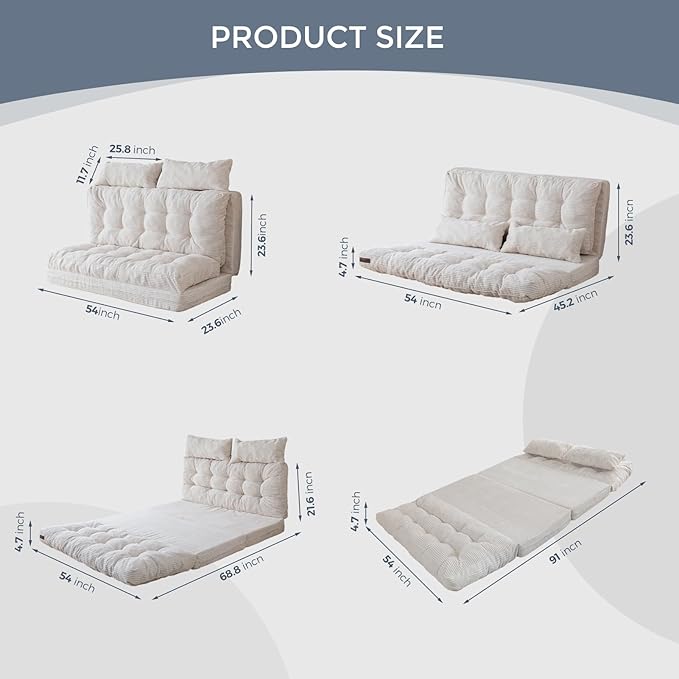 MAXYOYO Bean Bag Bed Tufted Folding Sofa Bed with Pillows Floor Mattress for Adults, Extra Thick and Long Floor Sofa, Full Floor Couch Bed for Bedroom Living Room, Beige, 54x91 Inch