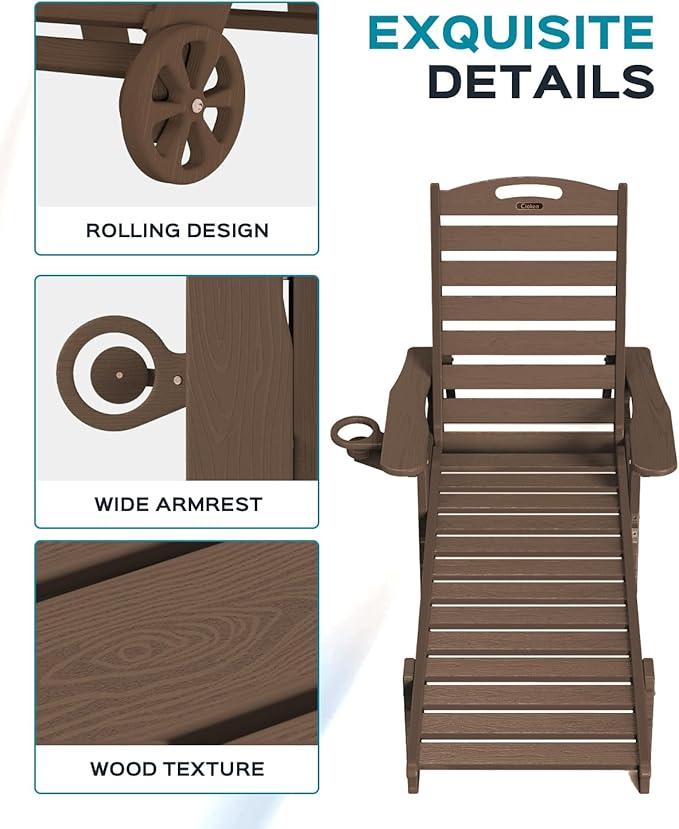 Ciokea Outdoor Lounge Chair HDPE Chair with Rolling Wheels & Cup Holder, 5 Position, Deck, Pool, Dark Brown