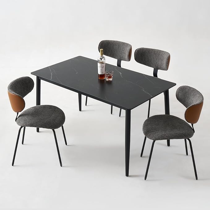 Modern Boucle Dining Chairs Set of 2,Faux Leather Kitchen & Dining Room Chairs,Curved Backrest Upholstered Dining Chairs with Metal Legs, Black