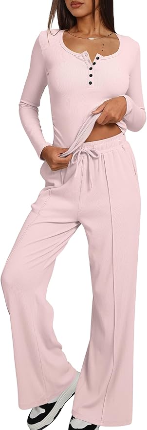 Darong Womens 2 Piece Matching Lounge Sets 2026 Long Sleeve Henley Shirts Wide Leg Pants Airport Travel Outfits