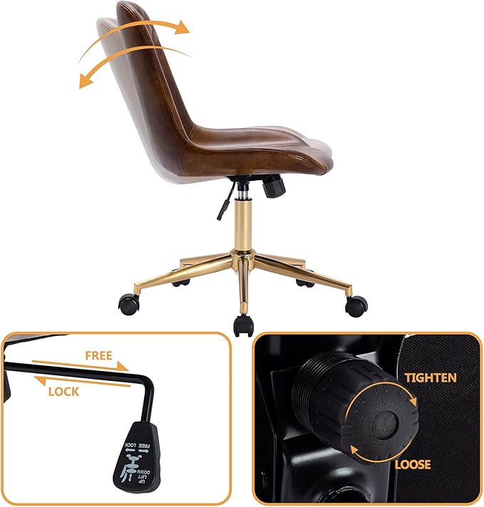 DUHOME Modern PU Leather Office Chair Desk Chair Swivel Computer Chair with Gold Base Yellowish-Brown