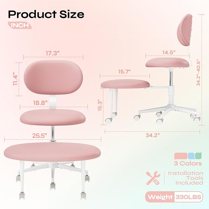 Pinmoco Ergonomic Cross Legged Office Chair with Wheels, ADHD Chair for Adults, Meditation Chair, Yoga Office Chair, Comfortable Back Support, Height Adjustable,Small Spaces, PU Leather, Pink