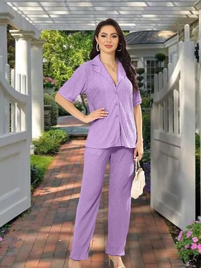 Ekaliy Women's 2 Piece Casual Pleated Outfits Short Sleeve Button Down Shirt High Waist Wide Leg Trouser Sets Suit
