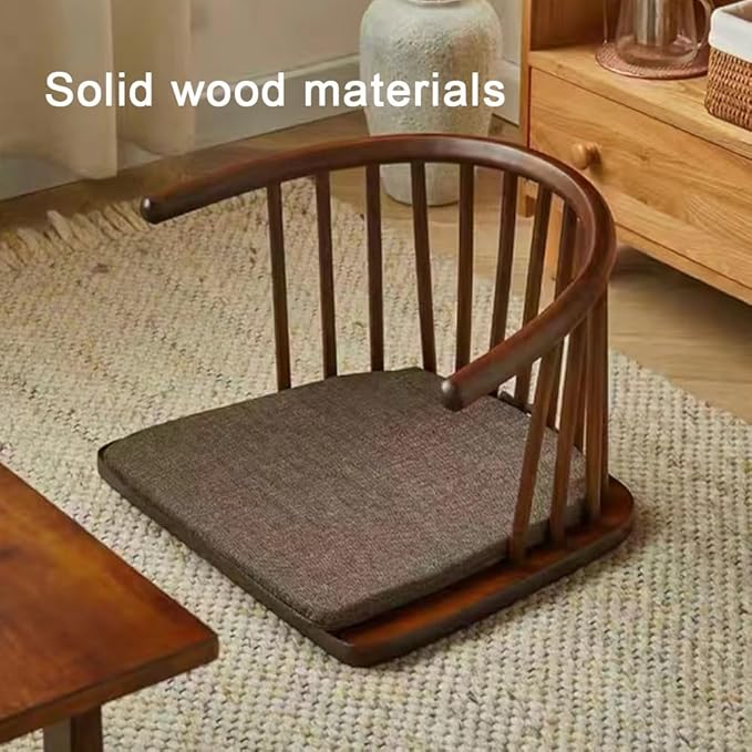 Solid Wood Floor Chair with Curved Back, Multi-Functional Low Stool for Living Room, Bedroom, Meditation Chair with Removable Cushion, Comfortable Legless Accent Chair(Brown)