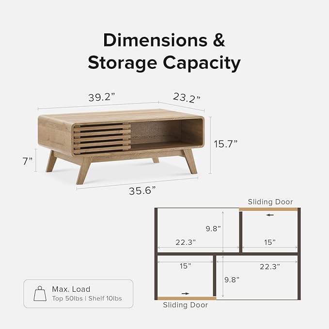 mopio Ensley Coffee Table with Storage, Mid Century Modern, Farmhouse Wood Coffee Table for Living Room Fluted (Oak)