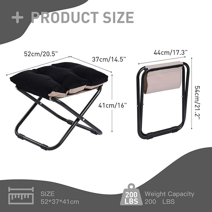 LITA Folding Upholstered Footrest Stool with Straight & Square Shape, Black