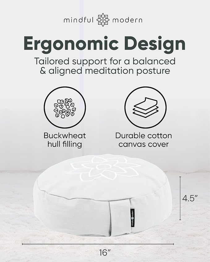 Mindful Modern Large Meditation Cushion for Zafu Yoga - Meditation Pillow for Sitting on The Floor - Buckwheat Hull Filled Yoga Cushion with Removable, Washable 100% Cotton Cover and Carry Handle