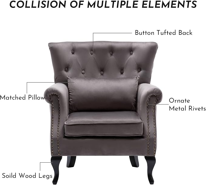LZAREAL Accent Reading Arm Chairs Set of 2 for Living Room Bedroom, Midcentury Modern Comfy Corner Sofa Chair, Wingback Waiting Room Club Chair with Button Tufted Back &Lumbar Pillow, Velvet Grey