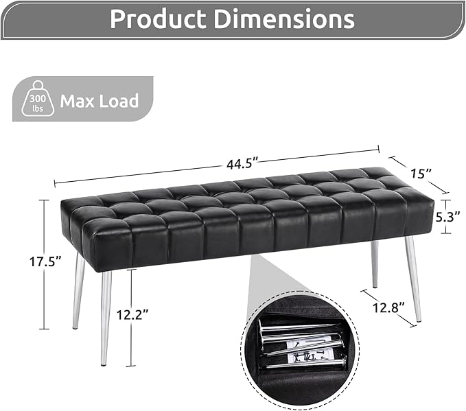 Apicizon 44.5”Bench for Bedroom, Modern Faux Leather End of Bed Bench with Metal Legs, Upholstered Sitting Bench for Front Door Entrance,Bedroom,Dining Room, Entryway，Black